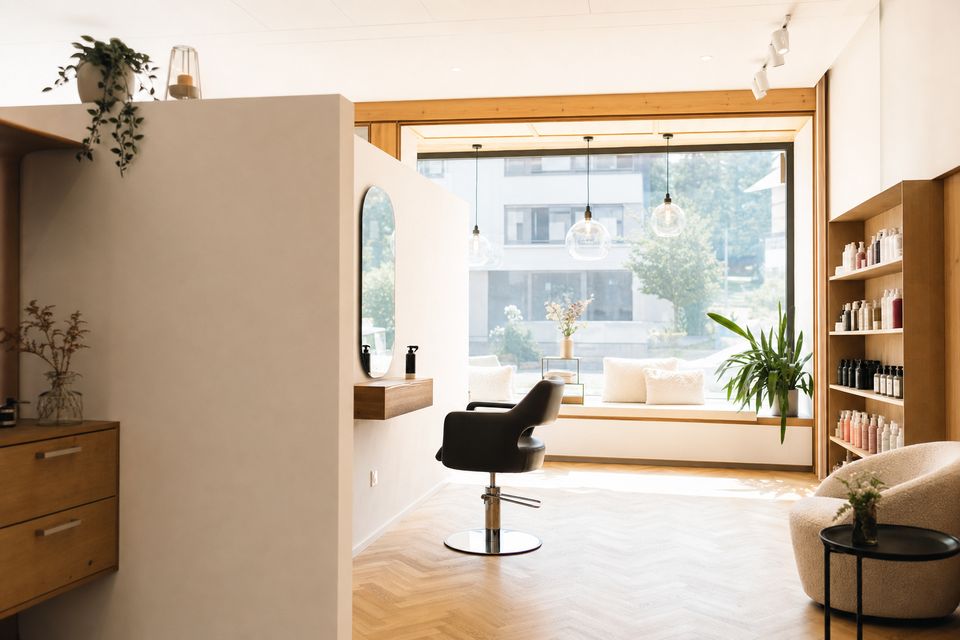 Helles Stimmungsbild: einzelner Friseurstuhl vor Spiegel und großem Fenster in einem ruhigen, hellen Salon